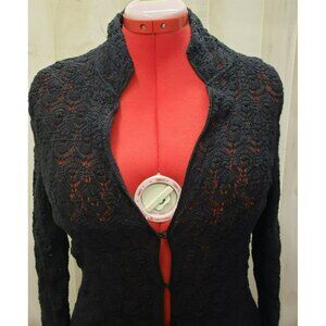 Open Weave Crochet Black Cardigan Sweater Large Talbots 100% Cotton Goth Whimsy